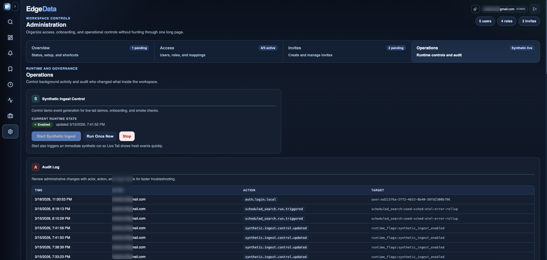 EdgeData administration screen with access, invites, operations, and audit log sections.