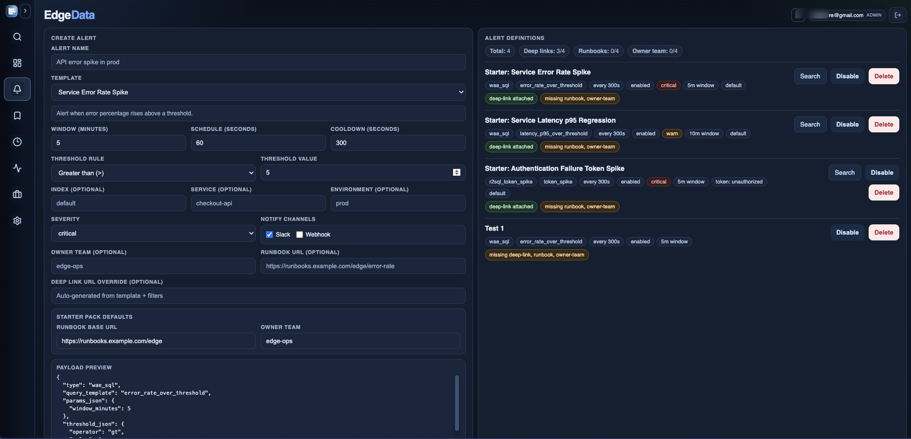 EdgeData alert definitions view with templates, thresholds, and notification channels.