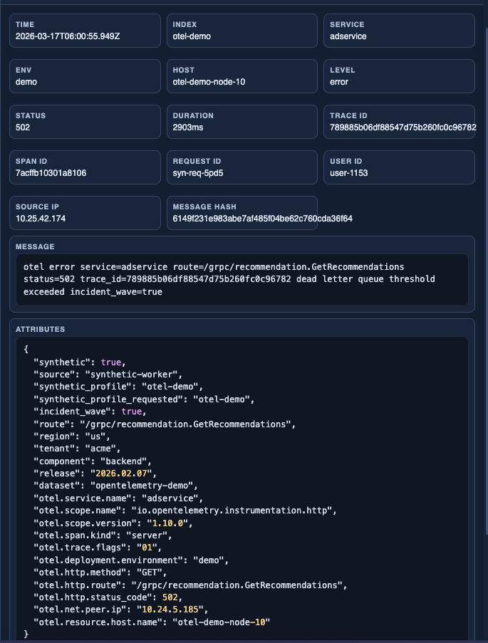 EdgeData event detail panel with core fields and structured attributes.