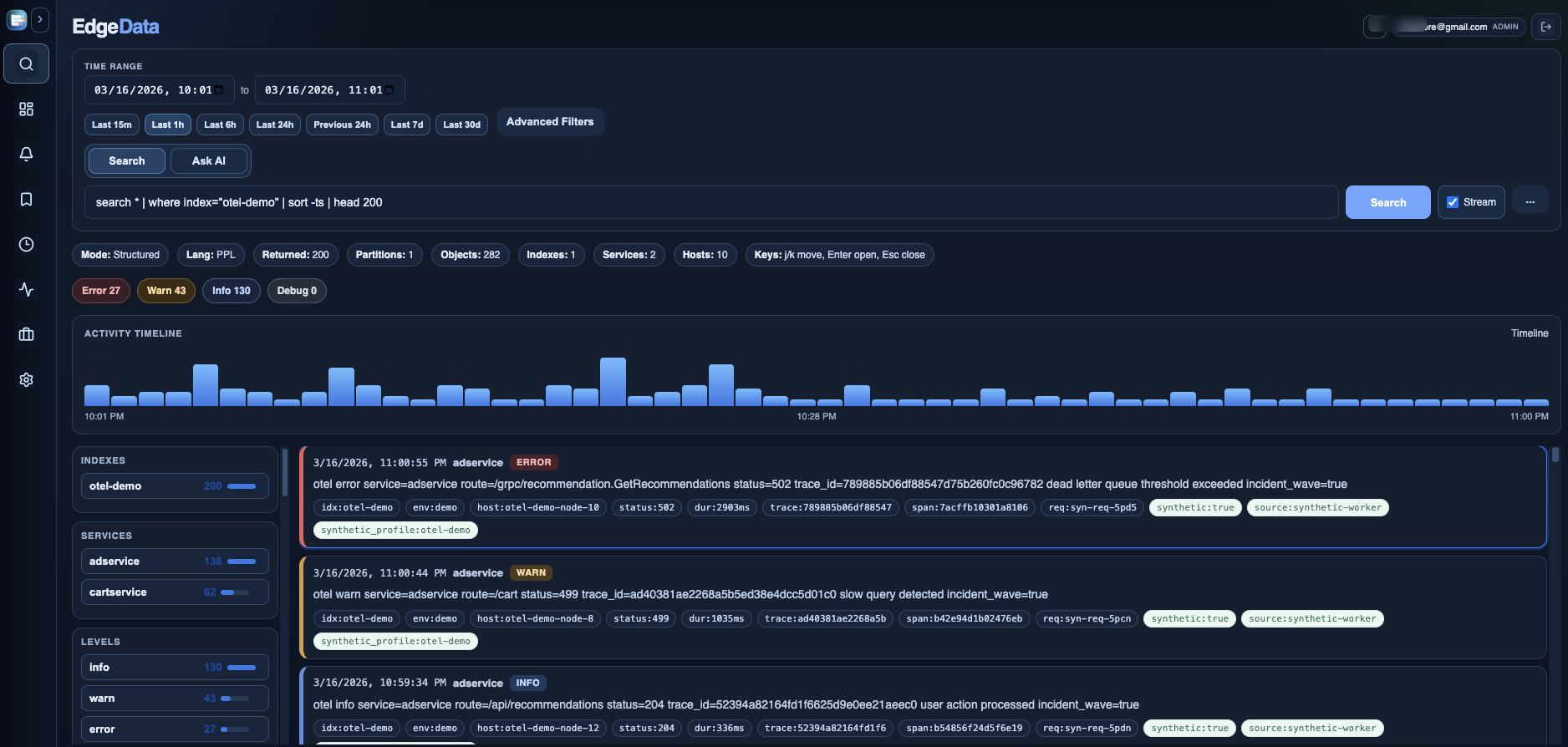 EdgeData log explorer with search bar, timeline, and event stream.